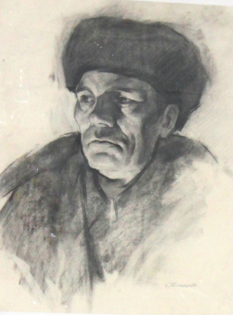 Юминова Е.И. Портрет мужчины в шапке, бумага, уголь.