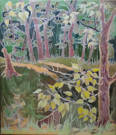 Юминова Елена Ивановна, грибной лес, 2020 г. батик, 60х70 см.